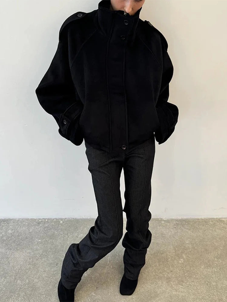 Casual Solid Loose Jackets Women Fashion Full Sleeve Single Breasted Stand Collar Short Coats Female 2025 Autumn Lady Outwears