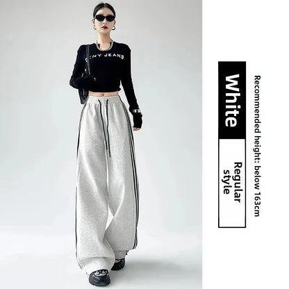 Black Striped Sports Pants Women's Spring Autumn Wide Leg Casual Loose High Waist Straight Leg Sweatpants