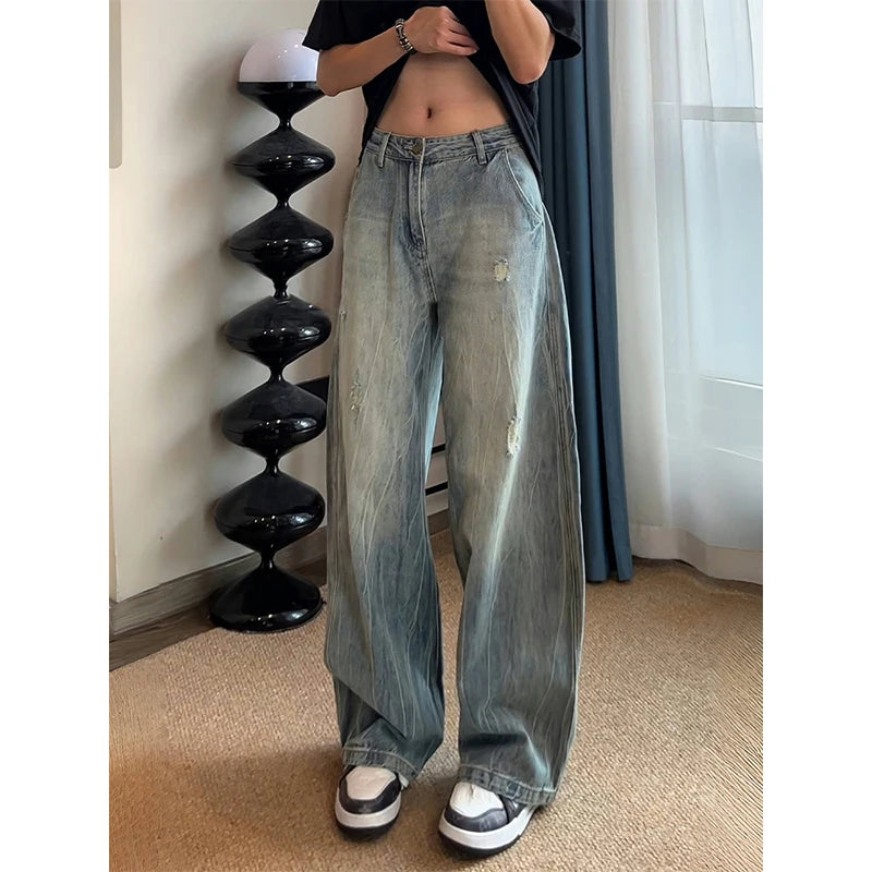 American Lightning Texture Ripped Denim Jeans Straight Leg Wide Leg Loose Fit Casual Summer Jeans for Men And Women