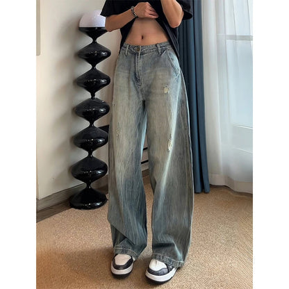 American Lightning Texture Ripped Denim Jeans Straight Leg Wide Leg Loose Fit Casual Summer Jeans for Men And Women