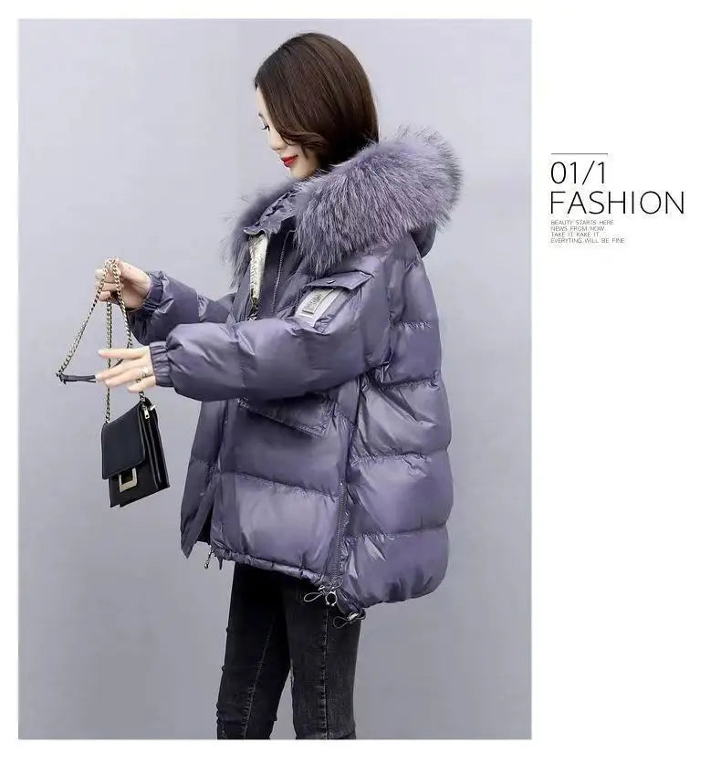 2025 Winter New Warm Down Cotton Jacket With Large Fur collar Hooded Coat Loose Women Thicken Parker Puffer Overcoat Casual wear