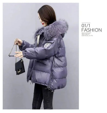 2025 Winter New Warm Down Cotton Jacket With Large Fur collar Hooded Coat Loose Women Thicken Parker Puffer Overcoat Casual wear