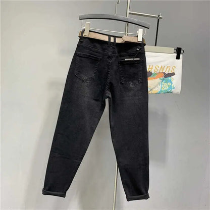 Korean Autumn 2025 New Butterfly Embroidered Denim Radish Loose High Waist Elastic Large Size Cargo Ladies Harlan Pants Women