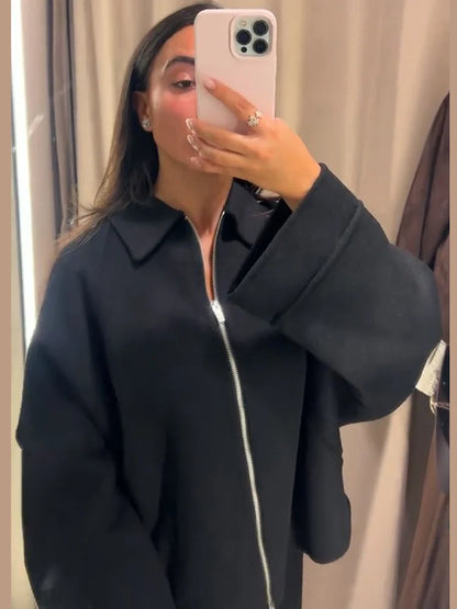 Woolen Zipper Loose Short Jacket Women Long Sleeve Lapel Solid 2025 Autumn Winter Commute Coat Street Office Warm Ladies Outwear