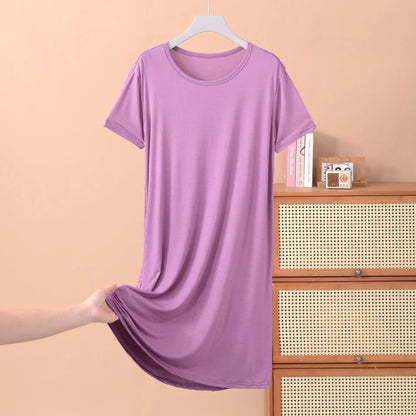 Plus size XL to 8XL Modal dress short sleeves summer women's cool dresses Solid color Bottomed sleepdress mid-length homewear