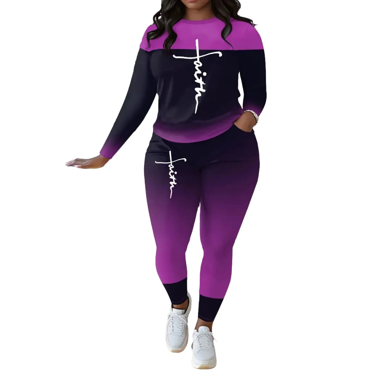 Plus Size Women's Suit, Fashionable Letter Print Patchwork Two-Piece Set