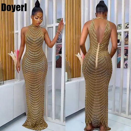 Sparkly Crystal Rhinestone Bodycon Maxi Dress Women Wedding Evening Backless Mesh See Through Night Party Club Birthday Dress