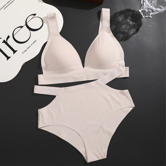 FINETOO Women Seamless Bra Set Sexy Cross Belt Brief Low Waist Panties Wireless Padded Bralette Suit Lingerie Backless Underwear
