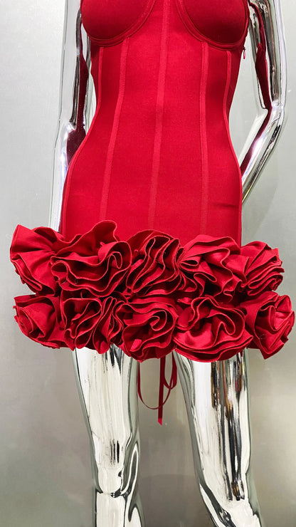 Stereoscopic Flowers Back Laceing Strapless Red Bandage Mini Evening Dress Sweet Woman Birthday Party Dress Performance costume