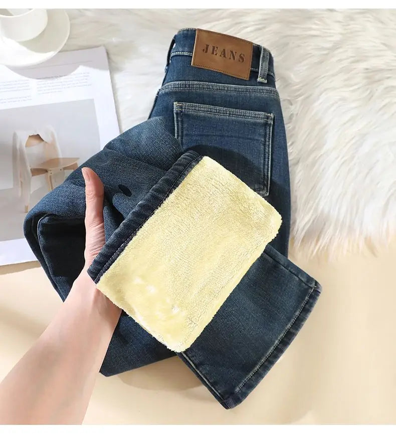 Woman High Waist Fashion Thermal Wide Leg Jeans Female Y2k Clothes Baggy Pants Girl Autumn Winter Snow Versatile Denim Trousers