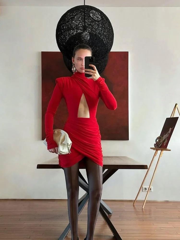 Sexy Hollow-out Pleated Mini Dress Women Fashion Solid Half High Collar Long Sleeve Slim Dresses 2025 Lady Party Club Robes