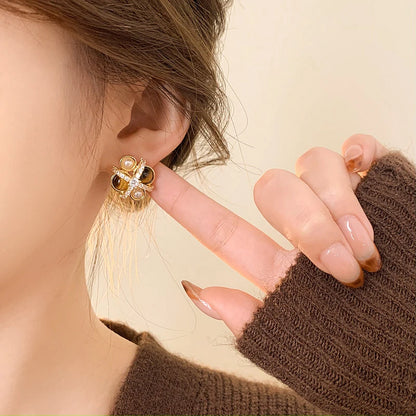 2025 New Design Natural Tiger Eye Stone Micro inlaid Zircon Geometric Earrings for Women's Trendy Jewelry Luxury Accessories