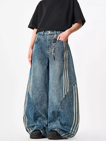 Y2K Custom Women Jeans Vintage Reconstruction Denim Pants Wide Leg With Distressed Wash And Stripe Details