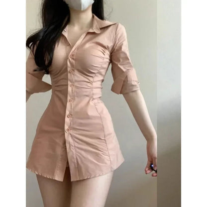 Slimming Smoothing Sexy Shirt Dress For Women Niche Design Sensibility Waist-fitted Medium-length Dress By Gao Qi Gao Jie