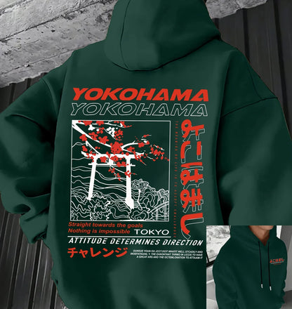 Men's autumn and winter casual fashion loose Tokyo pattern printed long sleeved hooded sweatshirt warm pullover