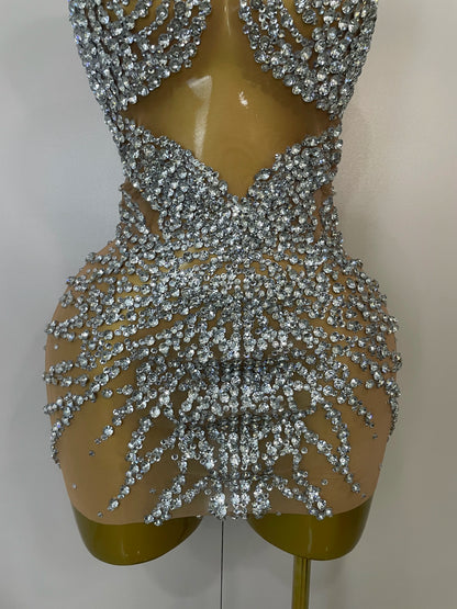 STOCK Sparkly Rhinestones Sexy Mesh See Through Dress Party Evening Prom Celebrate Birthday Dress Singer Dancer Show Stage Wear