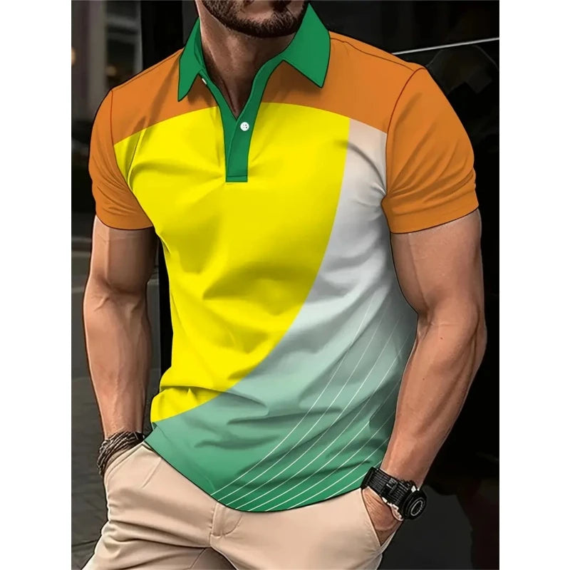 New 3D Printed Colorful Striped Man Polo Shirts Geometric Color Block Pattern Men's Clothes Shirt Casual Lapel Short Sleeve Tops