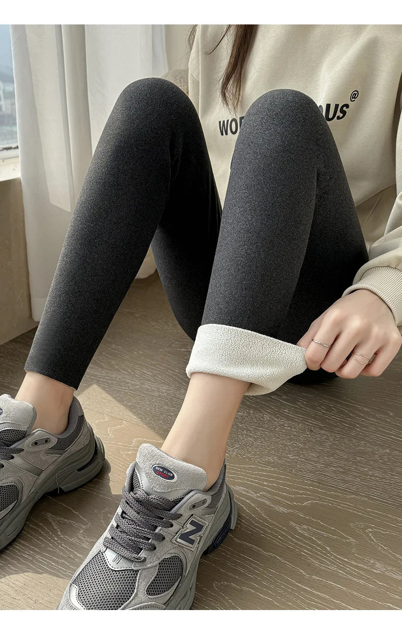 Winter Cashmere Leggings Women Solid Warm Leggings High Waist Slim Stretchy Pants Big Size Adding Velvet and Thickening Pants