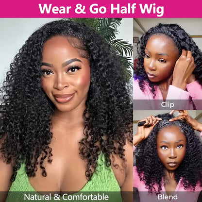 Half Wig Human Hair Wigs 200% Half Wig Kinky Curly Human Hair Wigs 3 In 1 Invisible Hairline Wear Go With Drawstring Seamless