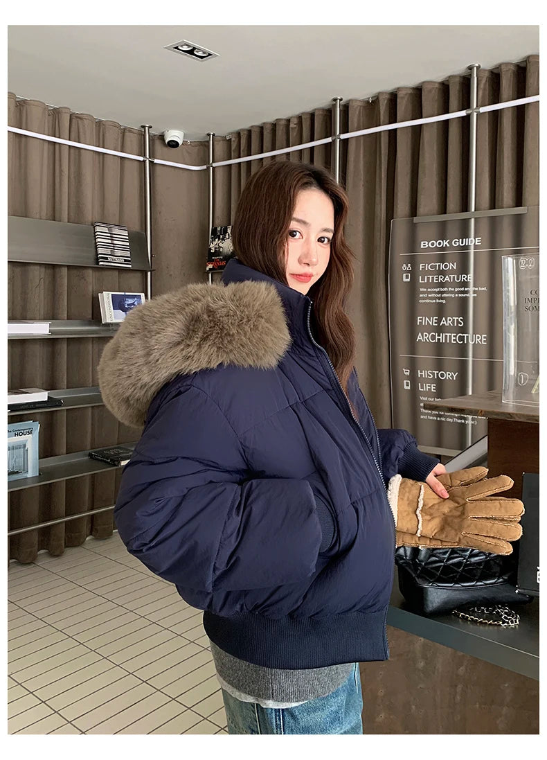 Casual Warm Fur Hooded Cropped Parkas Chic Streetwear Korean Style Down Cotton Coat Thicken Short Women's Winter 2025 Jacket