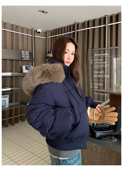 Casual Warm Fur Hooded Cropped Parkas Chic Streetwear Korean Style Down Cotton Coat Thicken Short Women's Winter 2025 Jacket