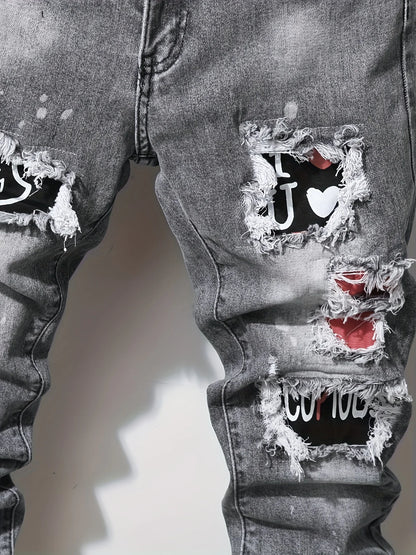 Men's slim fit ripped long denim pants, tight jeans with pockets, side straps, and zippers, men's jogging pants, ripped stretch