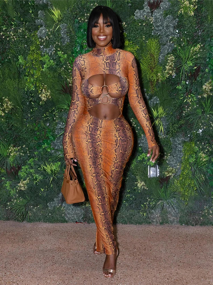 Nibber Hipster Maxi Dress Sexy Snakeskin Print Women Chest Hollow Metal Ring Turtleneck Peach Hip Street Stretch Skinny Vestidos