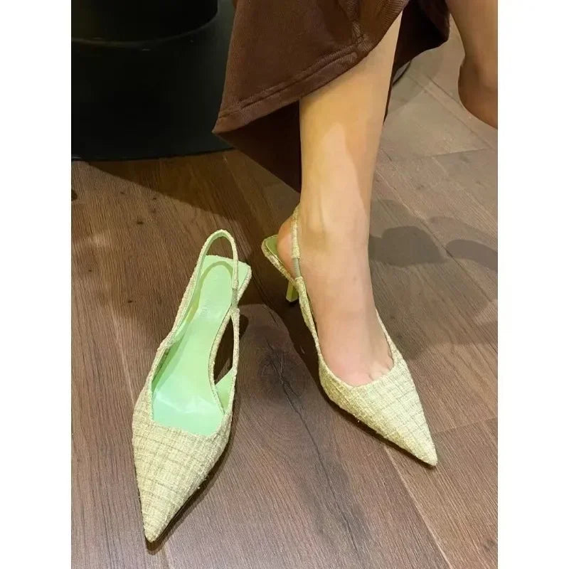 Fashion brand designed knitted platform heels for women, pointed-toe party shoes, comfortable large-size summer stiletto sandals