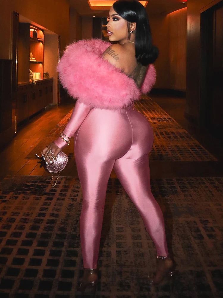 Kliou Furry Patchwork Slash Neck Jumpsuits Woman Autumn Trend Sexy Hollow Navel Exposed Skinny Peach Hip Hottie Fashion Clubwear