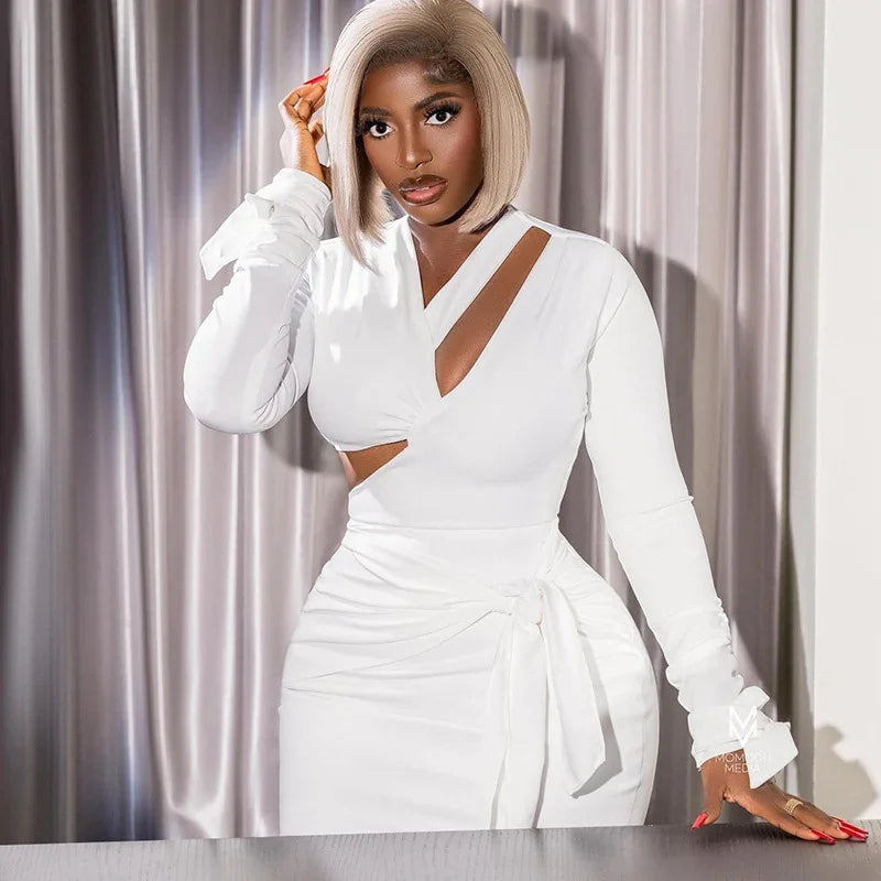 Elegant Black White Bodycon Dresses for Woman Long Sleeve Hollow Out Lace-Up Backless Bandage Party Dress Club Vestido Branco