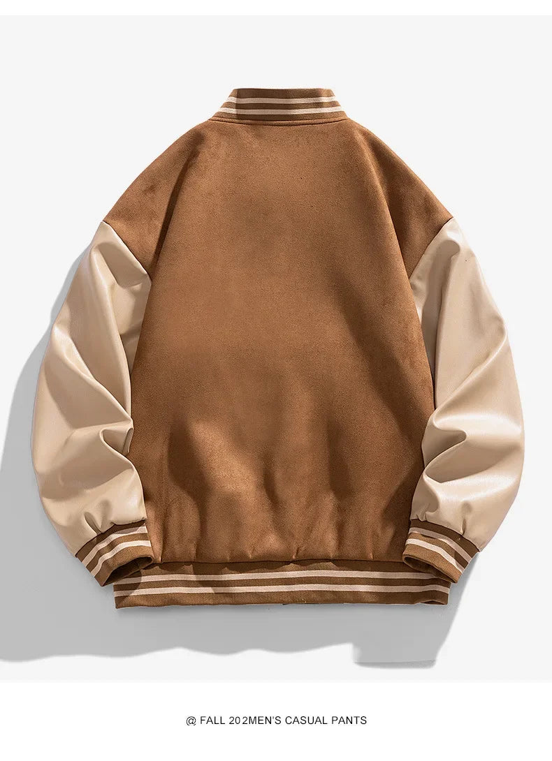American Retro Suede Baseball Jacket Men's Spring Autumn Casual Leather Sleeve Outerwear JK819 Public Version Couple's Style