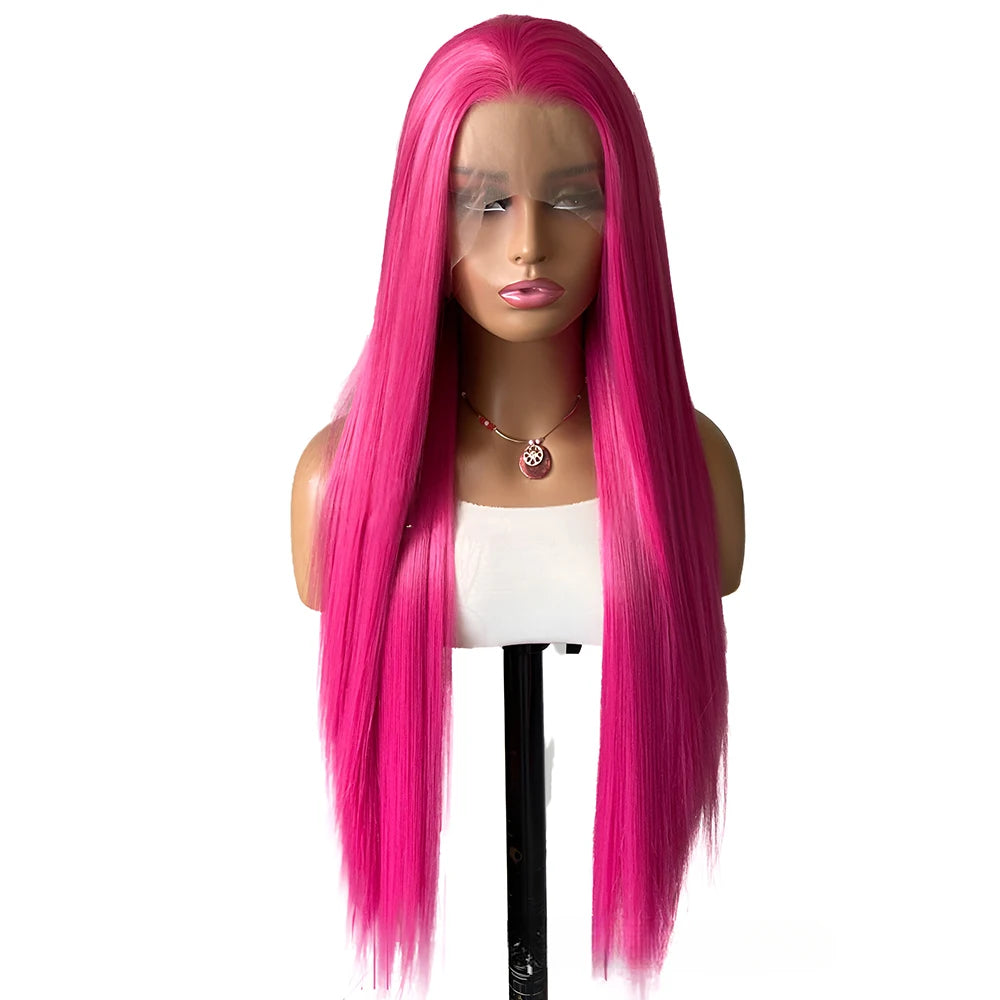 Rose Pink Straight Synthetic Lace Wig Glueless Wigs For Women Natural Hairline Daily Wear Long Pink  Wig Cosplay Part Front Hair