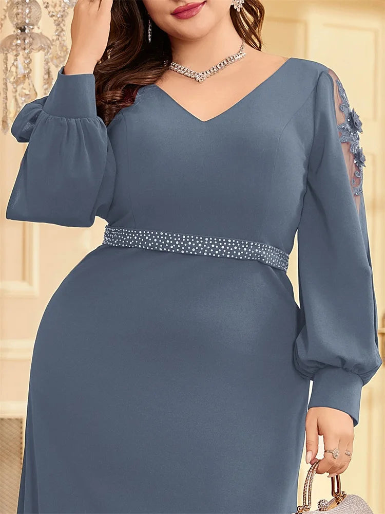 XUIBOL Plus Size Elegant Blue Applique Evening Dress 2026 Women Formal Maxi Prom Long Sleeves Party Dress Luxury Cocktail Prom