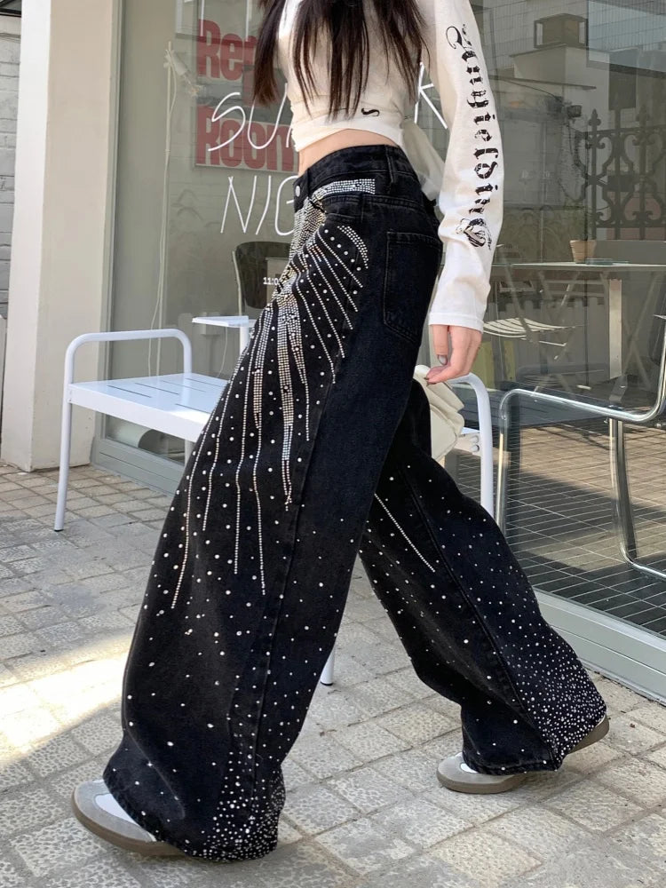 2025/2026 Ropa Y2K Style Baggy Hot Fix Rhinestone Baggy Stacked Jeans Pants For Women Clothing Wide Leg Luxury Gothic Lady Trousers