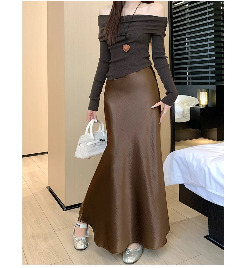 High Waist Elegant Satin Women's Mermaid Long Skirts 2026 New Autumn Solid Slim Korean A-line Wrap Fishtail Skirts Female