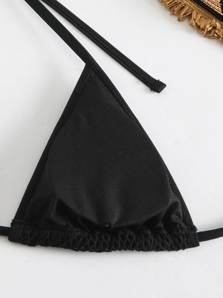 Bikini Women Swimsuit 2026 New Black Halter Lace Up Mesh Bikinis Set Sexy Swimwear Summer Three Piece Beach Bathing Suit Female