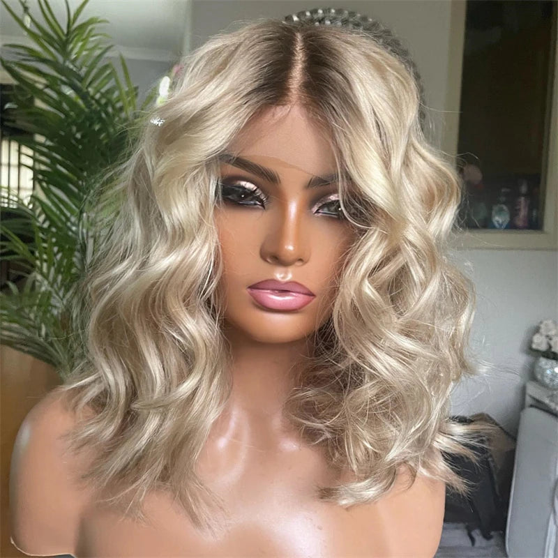 Honey Platinum Blonde Lace Frontal Wigs 13x4 Short Medium Woman"s Wig Glueless Loose Deep Synthetic Hair Mix 5% Human Hair