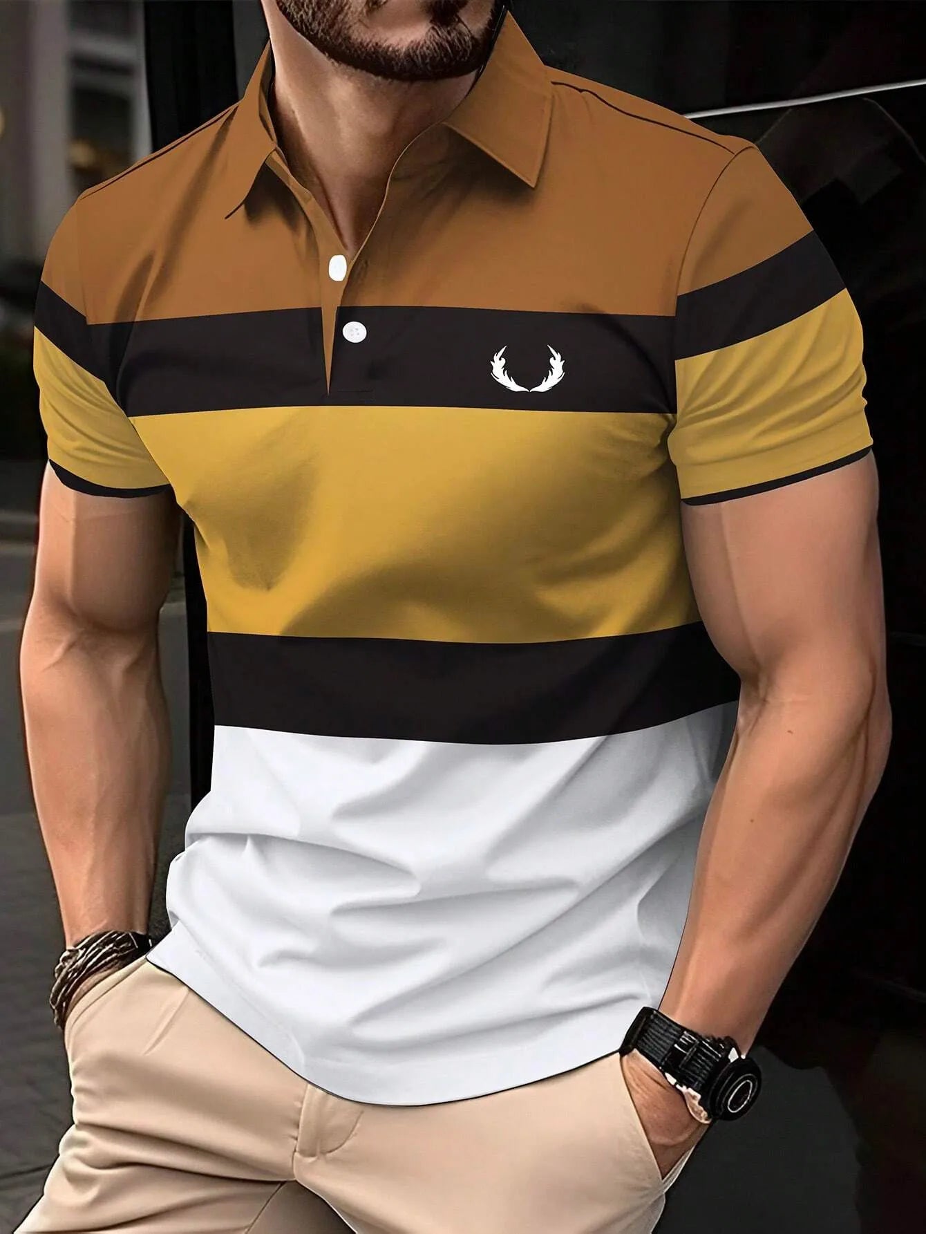 2025 New Men's Summer Short Clothes Sleeved Lapel 3D Digital Printed Striped Polo Shirt Men's Business Casual Top Clothes