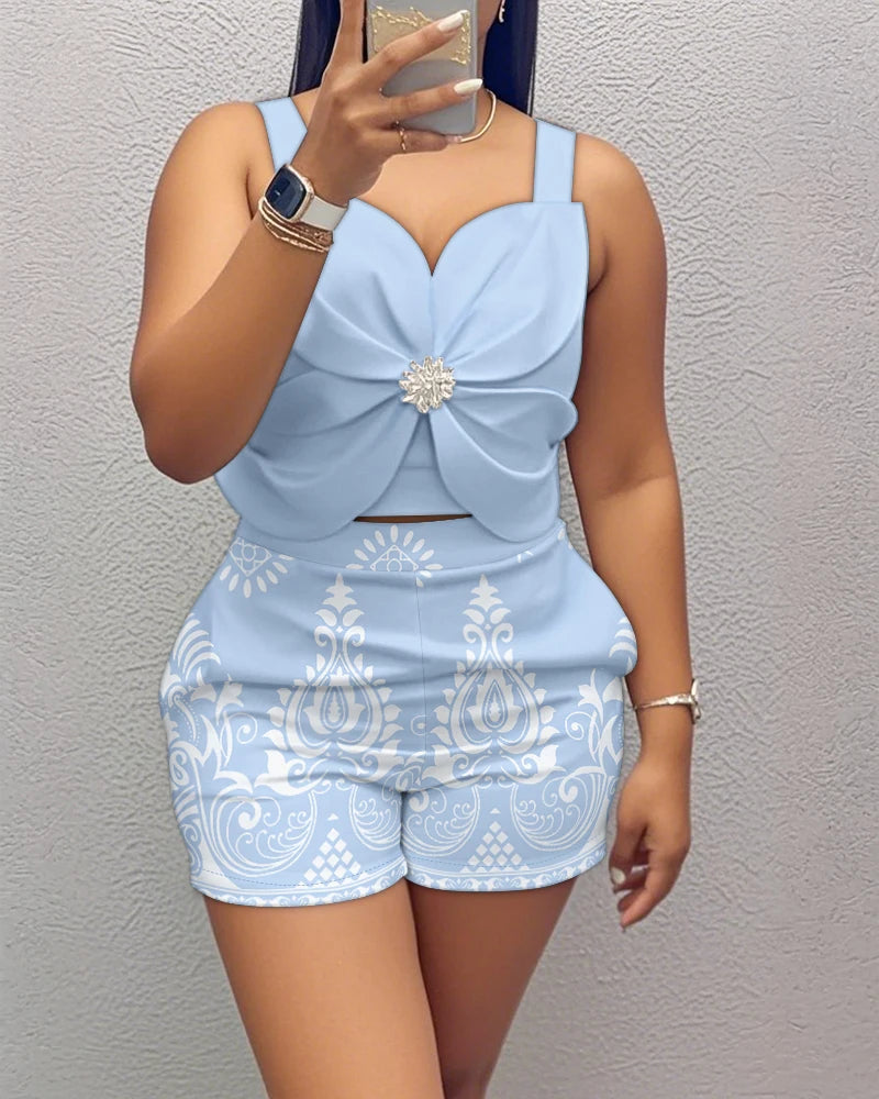 Two Piece Set Women Outfit 2025 Summer Cold Shoulder Thick Strap Bowknot Top & Casual Abstract Print Pocket Design Shorts Set