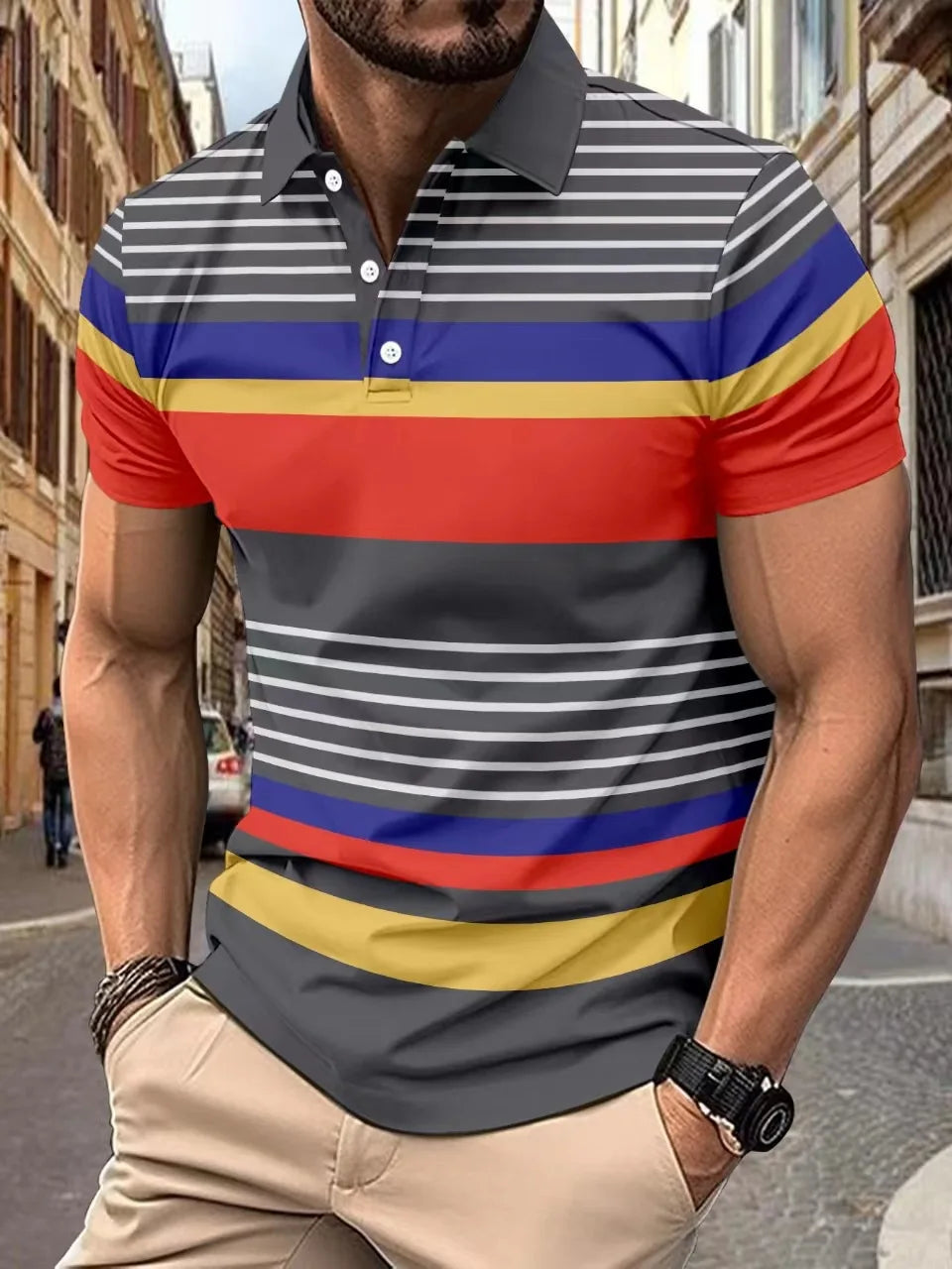 2025European and American ins cross-border 2024 summer new men's striped lapel short sleeved polo shirt casual contrasting polo