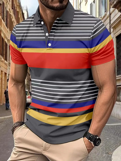 2025European and American ins cross-border 2024 summer new men's striped lapel short sleeved polo shirt casual contrasting polo