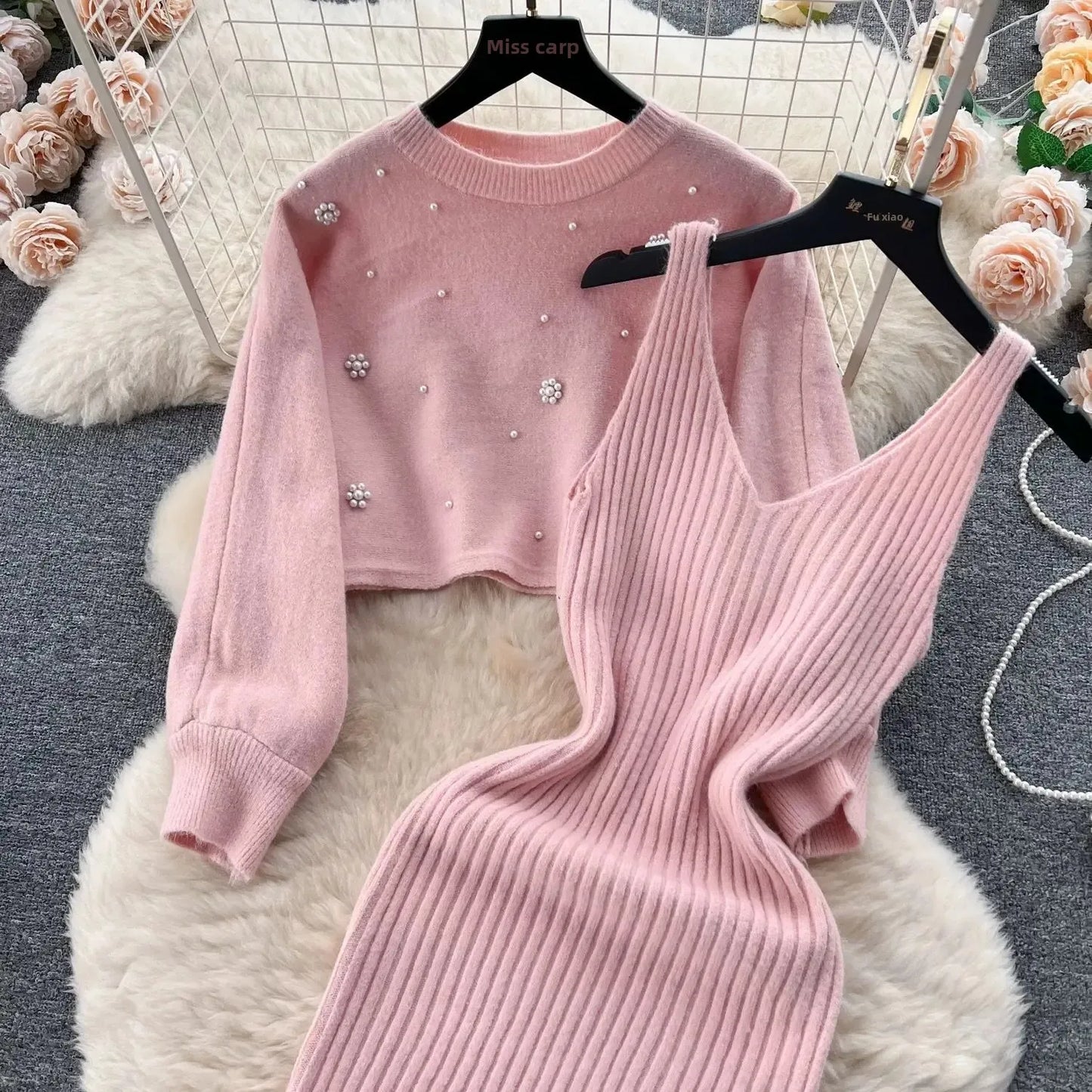 Autumn Winter Slimming Knitted Sweater Dress Set Women's Mid-Length Base Layer Knee-Over Bottoming Dresses Fashionable