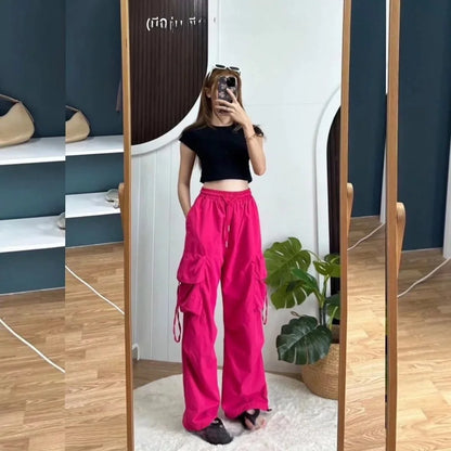 Loose Wide Leg Casual Pants Women's Workwear Trousers with Big Pockets Vintage Long Pants High Street Trend New 2025