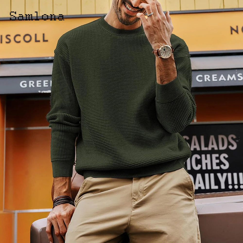 Samlona Men Retro Knitted Sweaters Vintage Jumpers 2025 Autumn Basic Top Pullovers Mens Long Sleeve Fashion Knitting Sweater New