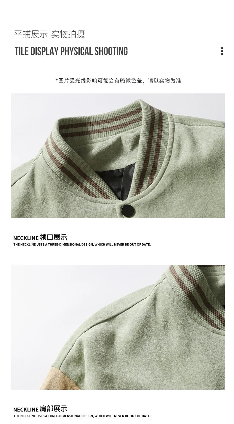 Hip Hop Men's Suede Embroidered Varsity Jacket Color Block Letter Graphic Long Sleeve Baseball Jacket Bomber Coat