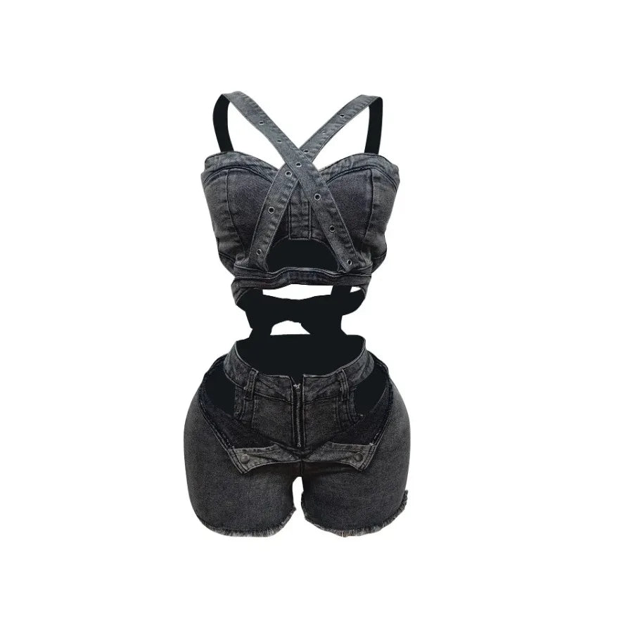 2 Piece Sets Women Denim Shorts Suit Sexy Vest Top Strap Backless Jeans Short Pants Pockets Outfits 2025/2026 Streetwear Ensemble