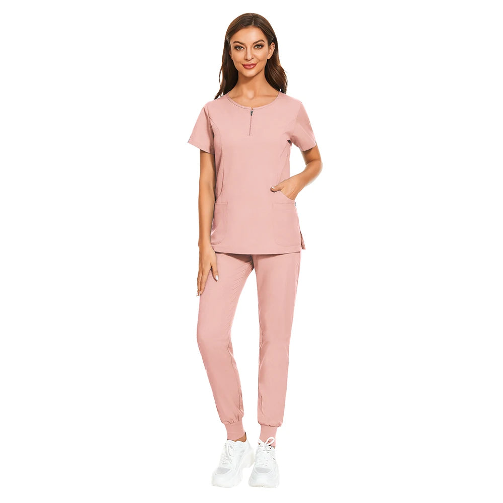 Wholesale 7 Colors Zipper V-neck Short Sleeve Pocket Nursing Working Top Pants Uniform Solid Breathable Soft Women Wear Suit