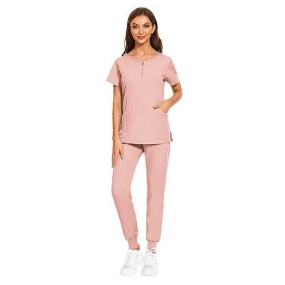 Wholesale 7 Colors Zipper V-neck Short Sleeve Pocket Nursing Working Top Pants Uniform Solid Breathable Soft Women Wear Suit