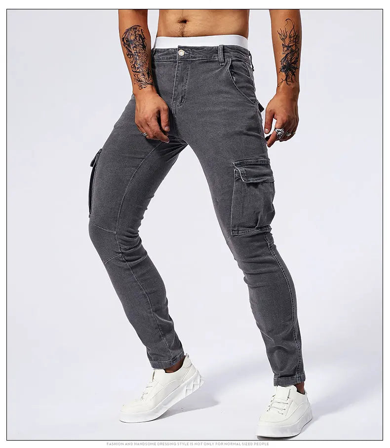 Street Elastic Jeans Men Denim Cargo Pants Wash Solid Color Multi Pockets Casual Mid Waist Trousers Slim Fit Daily Wear Joggers