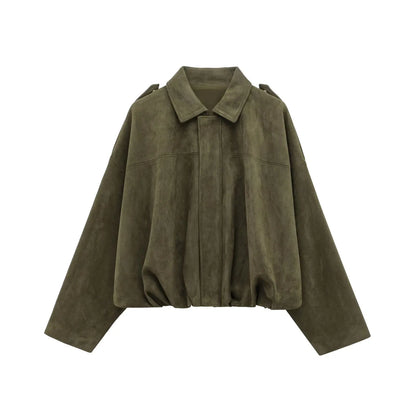 Women Brown Green Suede Jacket Loose Casual Bomber Coat Lapel Zipper Long Sleeve Jackets Vintage Lady Motorcycle Outwears
